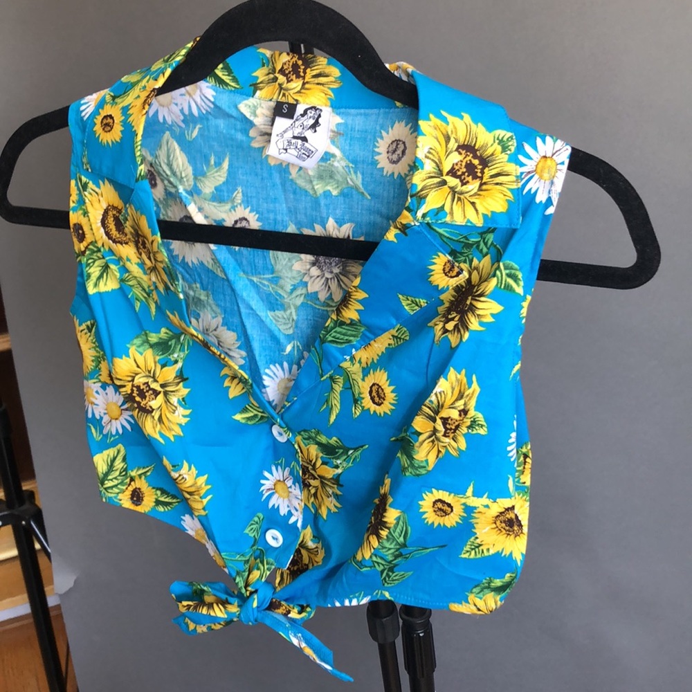 Hell Bunny Turquoise Sunflower Tie-Front Crop Top - Picture 4 of 7